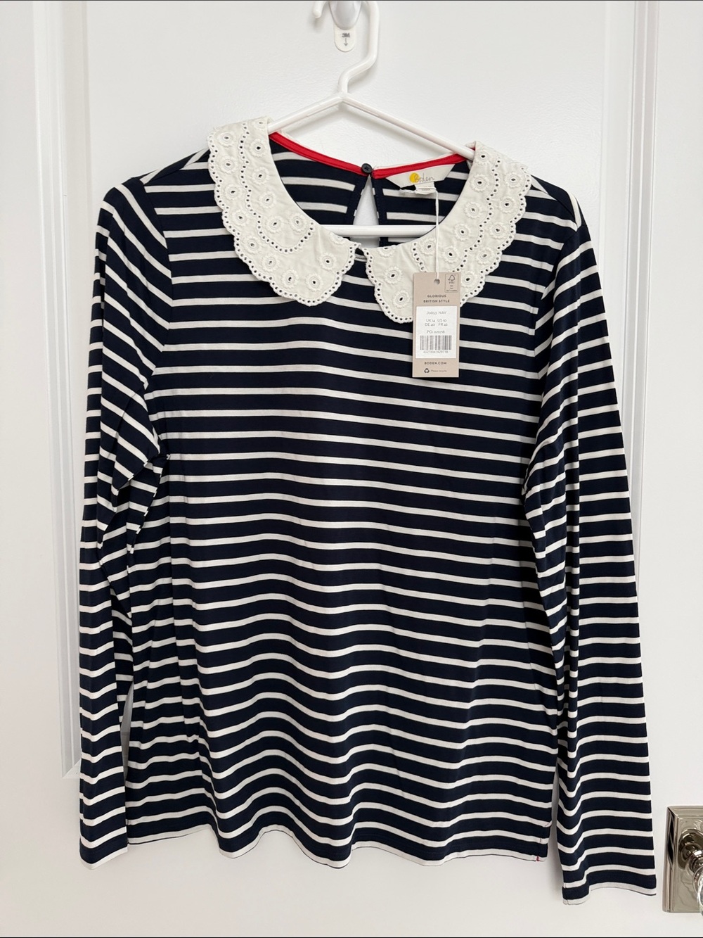 Boden Navy & White Striped Long-Sleeve Top with Eyelet Collar
